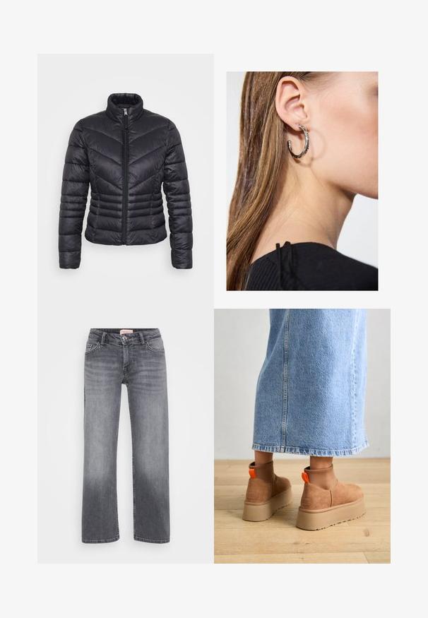 Sort pufferjakke med høj krave, lynlås lukning, chevron quiltet mønster og en tætsiddende design. Fremstillet af letvægts, skinnende materiale.; Even&Odd Petite 2 PACK - Top - light grey/black; Grå denim jeans med lige bendesign, fem-lommestil, subtil fading og trykknaplukning i taljen.; Brune ruskinds platform støvler med elastiske sidepaneler og orange trækstropper, parret med en knælang lys denimnederdel på et trægulv.; Sølv hoop ørestik med en poleret overflade, prydet med små guld accenter og en rund form, båret på øreflippen.