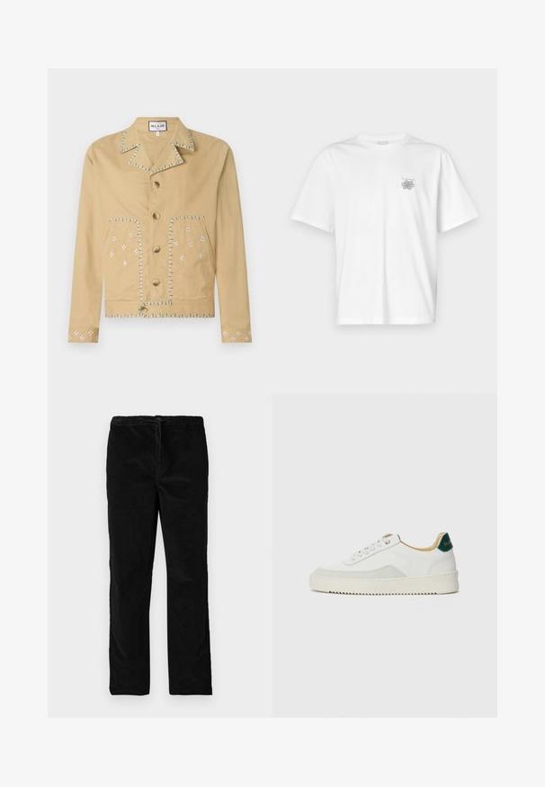 Vaaleanruskea puuvillatakki, jossa on hahlotasku, viisi nappia ja valkoisia sekä sinisiä brodeerattuja kukkakuoseja taskuissa ja hihoissa.; Valkoinen puuvillapaita, jossa on lyhyet hihat, pyöreä kaula-aukko ja pieni harmaa logo vasemmassa rintataskussa. Täydellinen sileä rakenne.; Mustat suorat samettihousut, joissa on joustava vyötärö ja etulenkki, esillä yksinkertaisen valkoisen taustan edessä.; Valkoiset tennarit, joissa on nahkaosia, pyöreä kärki, tasaiset nauhat ja kermaisa kumi-pohja. Takana vihreä brändäys.