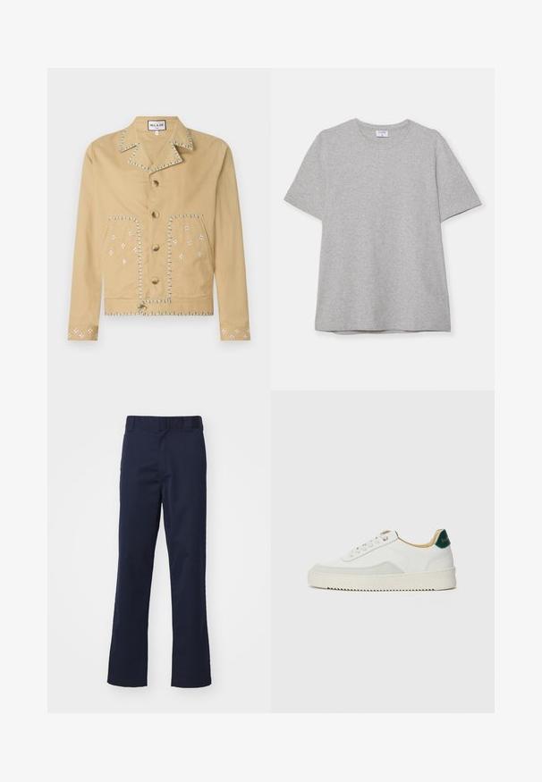 Giacca di cotone beige con colletto a revers, cinque bottoni e motivi floreali ricamati in bianco e blu su tasche e maniche.; T-shirt grigio a maniche corte realizzato in morbido tessuto testurizzato. Presenta un classico colletto a girocollo e un orlo dritto, adatto per un abbigliamento casual.; Pantaloni blu navy realizzati in tessuto, con un design a gamba dritta, passanti per la cintura e una finitura pulita all'orlo. Nessun motivo o accentuazione visibile.; Sneaker bianco con accenti in camoscio, punta rotonda, lacci piatti e suola in gomma crema. Presenta un marchio verde sul tallone.