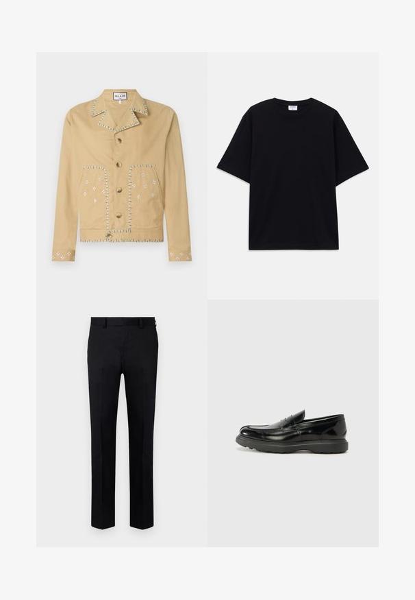 Tamno smeđa pamučna jakna s oštrim okovratnikom, pet dugmadi i izvezenim cvjetnim uzorcima u bijeloj i plavoj boji na džepovima i rukavima.; Crna kratka oversized majica s kratkim rukavima i okruglim izrezom, s vidljivom etiketom branda Filippa K unutar ovratnika.; Crne hlače od glatke tkanine, s ravnim krojem, prednjim pregibom i petljama za remen na struku. Bez vidljivih uzoraka ili akcenata.; Crne kožne mokasine s sjajnom završnom obradom, okruglim vrhom, suptilnim detaljima šivanja i debelim gumenim đonom za izdržljivost.