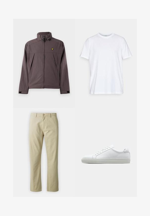 Lyle & Scott FOLD AWAY HOOD JACKET - Ελαφρύ μπουφάν - espresso; Λευκό βαμβακερό μπλουζάκι με κοντό μανίκι, στρογγυλή λαιμόκοψη και χαλαρή εφαρμογή. Διαθέτει μινιμαλιστικό σχέδιο, χωρίς σχέδια ή χρωματικούς τόνους.; Μπεζ βαμβακερά παντελόνια με ίσια σχεδίαση, εμπρός κλείσιμο με κουμπί και θηλιές ζώνης. Λείος υφή, χωρίς ορατά μοτίβα ή λεπτομέρειες.; Λευκό αθλητικό παπούτσι με άνω μέρος από λείο δέρμα και χαμηλό προφίλ. Διαθέτει στρογγυλεμένη μύτη, έξι τρυπούλες και υφασμένη καουτσούκ σόλα.