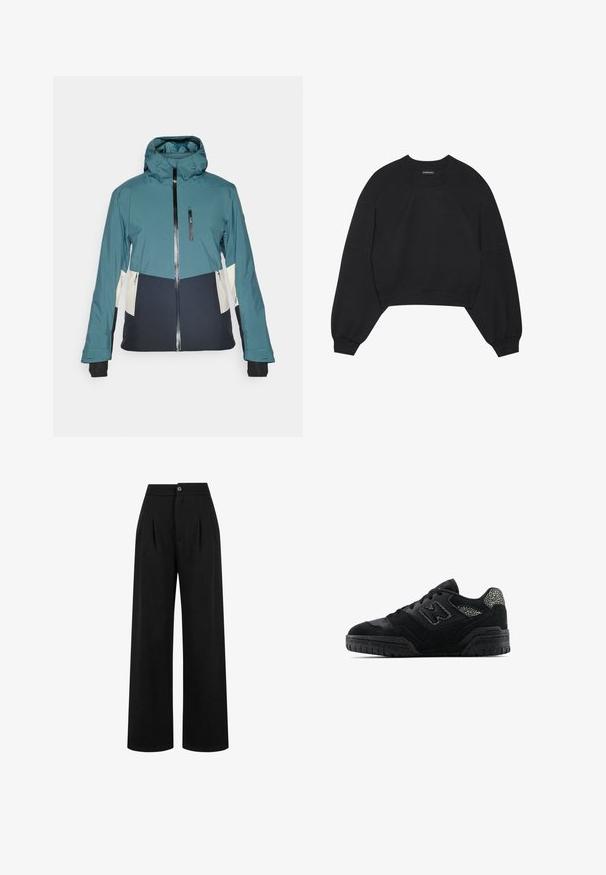 Veste turquoise et noire avec une capuche ajustée, fermeture éclair et poches zippées. Présente des panneaux crème contrastants et des poignets élastiques.; Sweatshirt court noir en tissu doux, avec de longues manches raglan, un col rond et des poignets élastiques. Aucun motif ou matériel remarquable.; Pantalon large noir avec plis sur le devant, fermeture à bouton et texture lisse. Le design présente une taille haute et une jambe pleine longueur.; Baskets basses noires avec semelle texturée, design à lacets, panneaux en daim et accents à motifs sur le talon et le logo sur le côté.