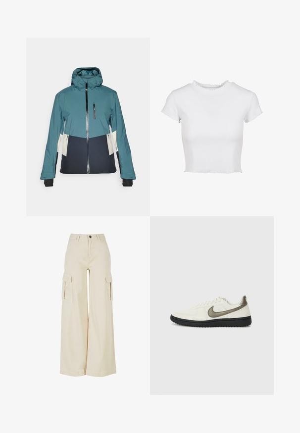 Jachetă turcoaz și neagră cu glugă ajustată, închidere cu fermoar și buzunare cu fermoar. Prezintă panouri contrastante de culoare crem și manșete elastice.; Tricou alb, scurt, fabricat din material rib elastic. Are mâneci scurte cu margini desfăcute și un decolteu rotund cu un detaliu volan.; Pantaloni cargo largi de culoare bej, din bumbac, cu două buzunare laterale mari, închidere cu un buton în față și un tiv curat.; Nike Sportswear FIELD GENERAL - Sneakers low - off-white/black