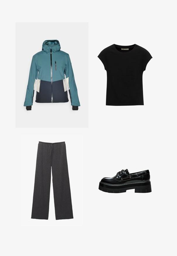 Jachetă turcoaz și neagră cu glugă ajustată, închidere cu fermoar și buzunare cu fermoar. Prezintă panouri contrastante de culoare crem și manșete elastice.; Tricou negru cu mânecă scurtă și decolteu rotund. Fabricat din bumbac neted și elastic. Design simplu, fără modele sau grafică.; Pantaloni largi de culoare gri închis, cu un material texturat și un elastic cu șnur. Design simplu și minimalist.; Pantof cu toc gros din piele lacuită neagră, vârf rotund, design cu sireturi și gaoace de argint. Prezintă o talpă texturată, cu profil.