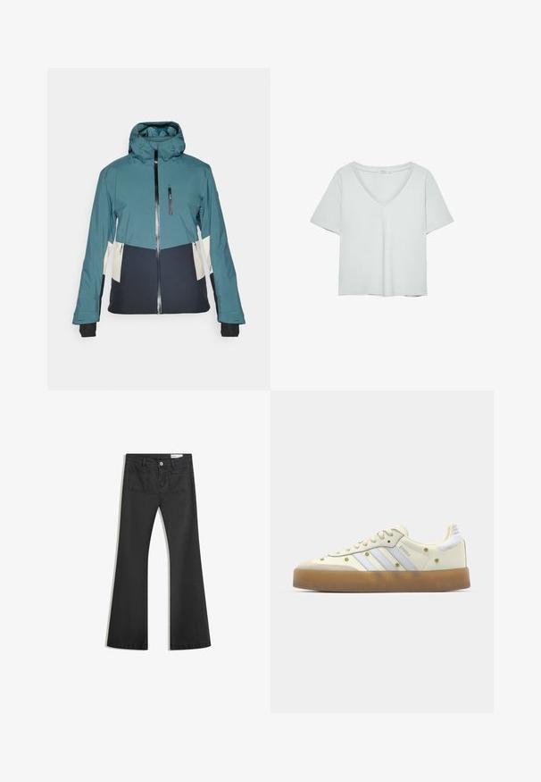 Turkoosi ja must takki, jossa on tiukasti istuva huppu, vetoketjukiinnitys ja vetoketjulliset taskut. Sisältää kontrastivärisiä kermaisia paneeleja ja elastiset hihansuut.; Vaaleanharmaa lyhythihainen T-paita, jossa on V-pääntie, valmistettu pehmeästä materiaalista; sisältää rentoa istuvuutta ja siistiä viimeistelyä ilman kuvioita.; Mustat leveälahkeiset farkut, jotka on valmistettu sileästä denimmateriaalista. Farkuissa on kaksi takataskua ja nappikiinnitys vyötäröllä.; Kermainen lenkkari, jossa on vaaleansinisiä raitoja, kumipohja ja koristeelliset keltaiset kukka-akcentit päämateriaalissa. Pyöreä kärjen muoto.