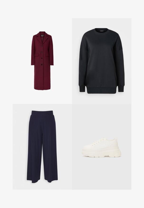Lang, burgunderfarget ullkåpe med hakket krage, fem svarte knapper og to lommer foran. Glatt tekstur og rett silhuett.; Svart hettegenser laget av bomull, med rund hals, lange ermer og avslappet passform. Glatt tekstur med ribbede mansjetter og kant.; Bredde bukser i mørk marineblå stoff med ribbet tekstur. Har en glatt midje og en luftig silhuett, som når midt på leggen.; Hvit kanvas sneakers med chunky såle, avrundet tå og fem hull for snøringer. Bakre tab for enkel påkledning. Glatt tekstur, minimalistisk design.