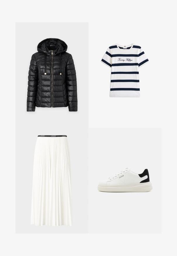 Czarna kurtka puchowa z kapturem, wyposażona w zamek z przodu, elastyczne sznurki ściągające, pikowany wzór i błyszczącą tkaninę.; Bawełniana koszulka z poziomymi granatowymi paskami na białym tle. "Tommy Hilfiger" wyszyte kursywą na klatce piersiowej. Okrągły dekolt.; Plisowana biała spódnica z czarnym elastycznym pasem z logo "LACOSTE". Średniej długości, o miękkiej teksturze.; Białe skórzane sneakersy z grubą białą podeszwą, czarnym zamszowym akcentem na pięcie oraz wytłoczonym logotypem z boku. Projekt z sznurówkami i sześcioma dziurkami.
