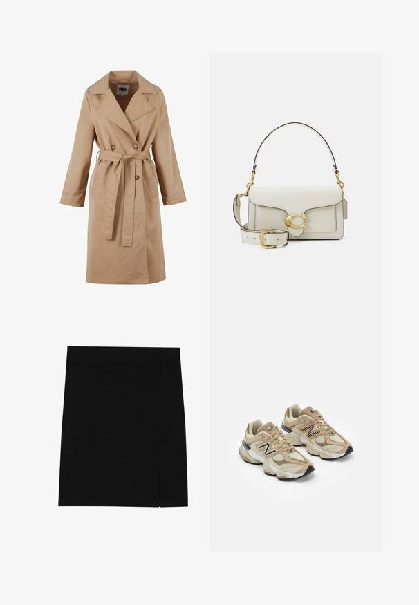 Bežinis tranšėja su dvigubu mygtukų uždarymu, dideliu apykakle, juosmens diržu ir šoninėmis kišenėmis. Pagaminta iš lygios, lengvos medžiagos.; Ilgų rankovių baltas marškinis, pagamintas iš medvilnės, su mygtukais priekyje, klasikine apykakle ir apvaliu hemu, pasižymintis laisvu siluetu ir be raštų.; Juoda mini sijonas, pagamintas iš švelnios medžiagos, su prigludusia forma, su lengva plyšyje šone tam, kad suteiktų papildomą akcentą.; Šviesiai rudos sportbačiai, pagaminti iš tinklinės ir zomšos medžiagų. Ypač išryškintas juodas logotipas ir tekstūruoti akcentai. Storas baltas tarpkalnis ir juodas gumos padas.; Balta odinė rankinė su auksinėmis detalėmis, užsegama atvartinė dalimi ir nuimamu, reguliuojamu dirželiu. Centre – apvalus metalinis akcentas.