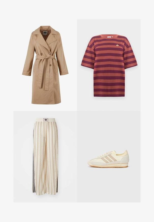 Bež mantell, millekordne disain, suur krae, lipsukäe ja küljetaskudega. Valmistatud siledast ja kergest kangast.; Burgundi ja roostepruuni triibuline t-särk, lühikeste varrukatega, ümmarguse kaelusega, millel on vasakul rinnal väike kuldne logo, valmistatud puuvillast kangast.; Kreemivärvilised lai säärega püksid, millel on siksakmustrit, must logoga vööp ja külgmised mustad triibud. Kerge, tekstureeritud kangas.; Kreem värvi spordijalats, millel on kolm beeži triipu, sametist ja tekstiilist materjalid, tekstureeritud tallaosa ning reljeefne bränding kandadel.