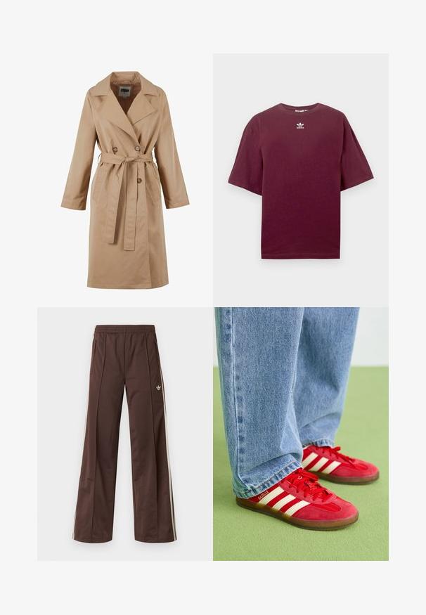 Beige trenchcoat med dobbeltradet design, stor krage, belte og sidelommer. Laget av glatt, lett stoff.; Burgunderfarget bomulls-T-skjorte med rund hals og korte ermer, med en hvit Adidas-logo sentrert på brystet. Jevn tekstur.; Brune treningsbukser med vid ben-design, hvite sidestriper, elastisk midje og to sidelommer. Har en liten logo på benet.; Røde mockasonsko i ruskind med tre hvide striber, rund tå og tekstureret sål, parret med lyseblå denimjeans på en grøn baggrund.