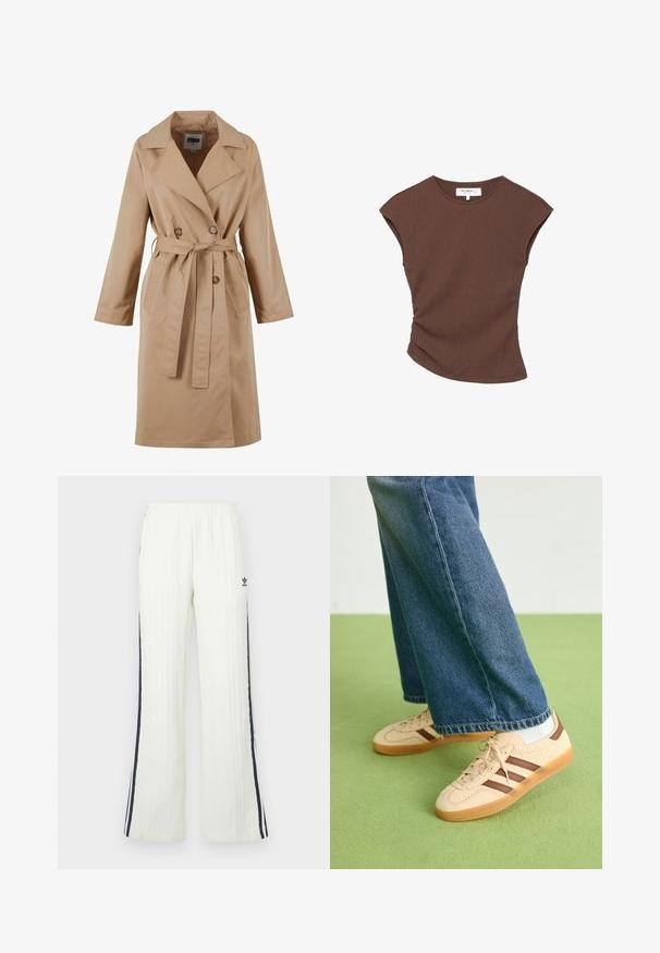 Beige trenchcoat med dubbelknäppning, stor krage, bindbälte och sidfickor. Tillverkad av ett glatt, lättviktigt material.; Brun ribbad kortärmad topp med en lätt rundad nederkant. Mjuk textur och avslappnad passform, med rund halsringning och minimala sömmar.; Ljuskrämfärgade, kabelstickade byxor med utsvängd design. Har mörkblå sidostripes och en Adidas-logotyp på höften. Elastisk midjeband.; Beiga sneakers med strukturerade krämfärgade paneler och bruna ränder, i kombination med blå denimjeans. Jeansarna har vida ben och fransad fåll.