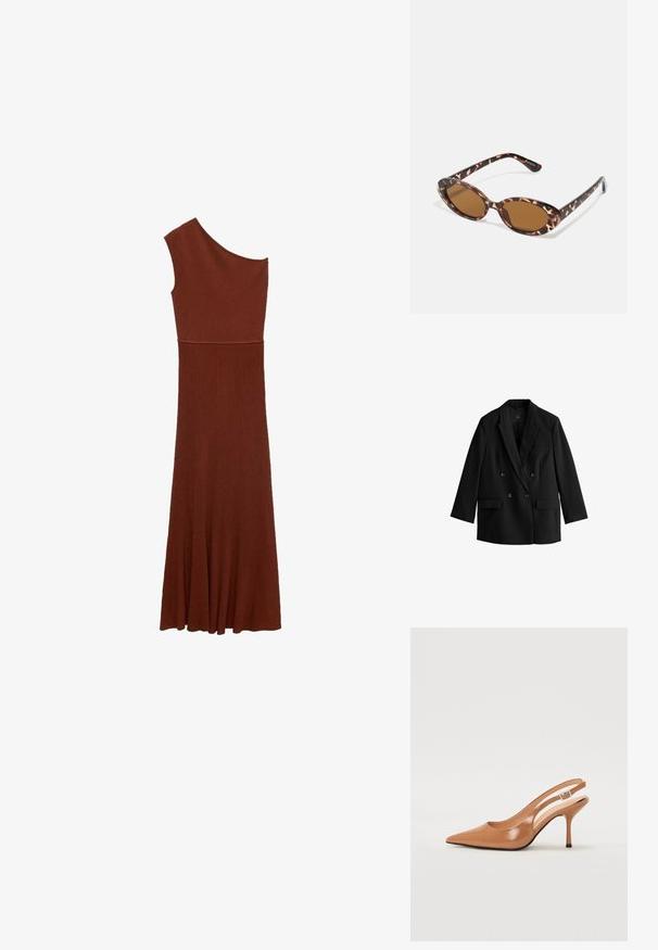 Blazer negro de doble botonadura con solapas en pico, dos bolsillos frontales y botones. Tela suave con un corte entallado y mangas largas.; Vestido marrón de canalé asimétrico con diseño de un solo hombro; cuerpo ajustado que se ensancha en una falda amplia. Textura suave en toda su extensión.; Zapato de tacón tipo slingback con punta afilada en un material suave y brillante de color marrón. Presenta un diseño con corte curvado y un tacón de aguja delgado. Detalle de hebilla plateada.; Gafas de sol carey con lentes ovalados, teñidos de marrón, con varillas delgadas que presentan un patrón texturizado, montura de plástico ligera.