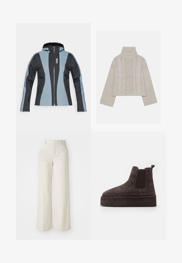 Lehká bunda s kapucí, která má modré a tmavě šedé panely, přední zip, dvě boční kapsy a logo na hrudi.; Zkrácený svetřík v světle šedé barvě z pleteniny s vysokým límcem a žebrovanými manžetami, se strukturovanými kabelovými vzory na zádech a bocích.; Kalhoty s širokými nohavicemi v jasně béžové barvě, vyrobené z hladkého materiálu. Mají klasický pas a plochý přední díl s čistými liniemi.; Hnědé semišové Chelsea boty s elastickými bočními panely a silnou, texturovanou platformovou podrážkou. Obsahují poutko na patě pro snadné obouvání.