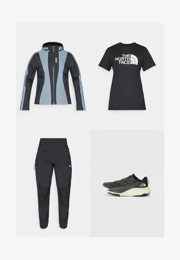 Leichte Kapuzenjacke mit blauen und dunkelgrauen Einsätzen, einem Frontreißverschluss, zwei Seitentaschen und einem Logo auf der Brust.; Schwarzes Baumwoll-T-Shirt mit großem weißen "THE NORTH FACE"-Logo und gewölbtem Akzent. Kurzärmlig mit Rundhalsausschnitt und glatter Textur.; Schwarze Outdoor-Hosen aus strapazierfähigem Material. Verfügen über Reißverschlusstaschen, verstärkte Knieeinsätze und ein gerades Design für Beweglichkeit.; Schwarzer Sportschuh mit strukturiertem Obermaterial, ausgestattet mit grauen Akzenten und einer weißen Zwischensohle. Enthält eine Zuglasche und ein markantes Markenlogo an der Ferse.