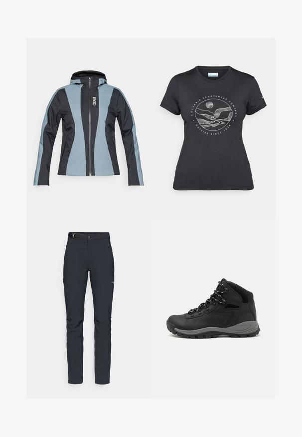 Lekka kurtka z kapturem z niebieskimi i ciemnoszarymi panelami, zamek błyskawiczny z przodu, dwie boczne kieszenie i logo na klatce piersiowej.; Czarny t-shirt Columbia z białą okrągłą grafiką gór i rzeki oraz napisem "Columbia Sportswear Company Outside Since 1938."; Męskie spodnie outdoorowe, ciemnoszare, wykonane z elastycznego materiału, z paskiem, kieszeniami na zamek oraz wzmocnionymi szwami.; Czarne buty trekkingowe z średnim cholewem, z teksturowaną cholewą, szarymi akcentami oraz trwałą gumową podeszwą z wypustkami zapewniającymi przyczepność.