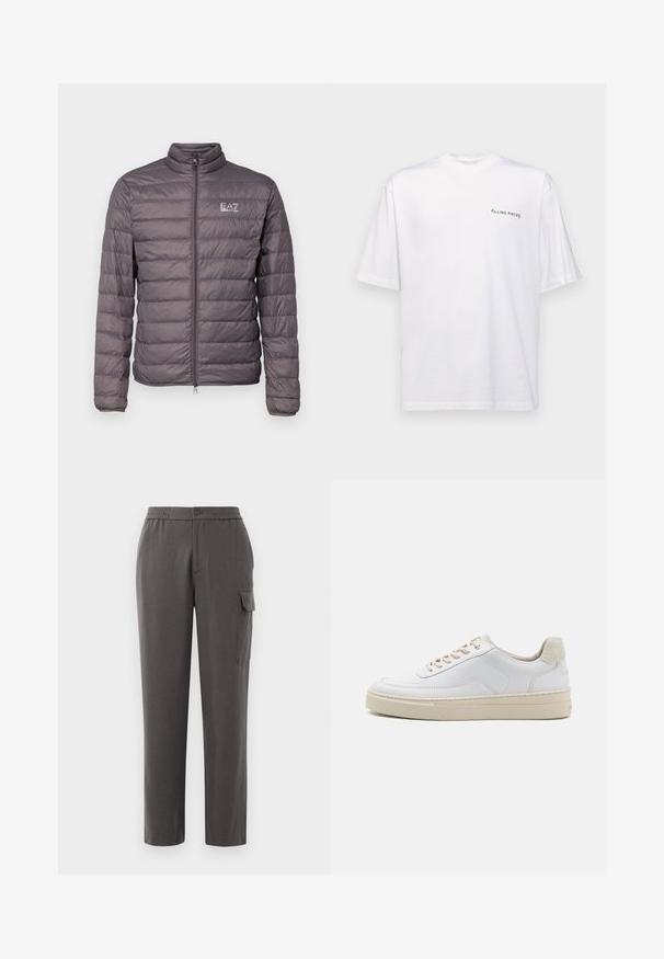 EA7 Emporio Armani JACKET - Casaco de penas - volcanic glass; T-shirt branca de manga curta em algodão com decote em V, apresentando um logótipo preto "FILLING PIECES" impresso do lado esquerdo.; Calças cinzas com um ajuste descontraído, feitas de um tecido suave. Apresentam um fecho de botão, bolsos laterais e um bolso de carga na perna.; Sapatilha branca com um cabedal em couro liso, atacadores bege e um painel traseiro em camurça texturizada bege. Sola elevada para acrescentar altura.