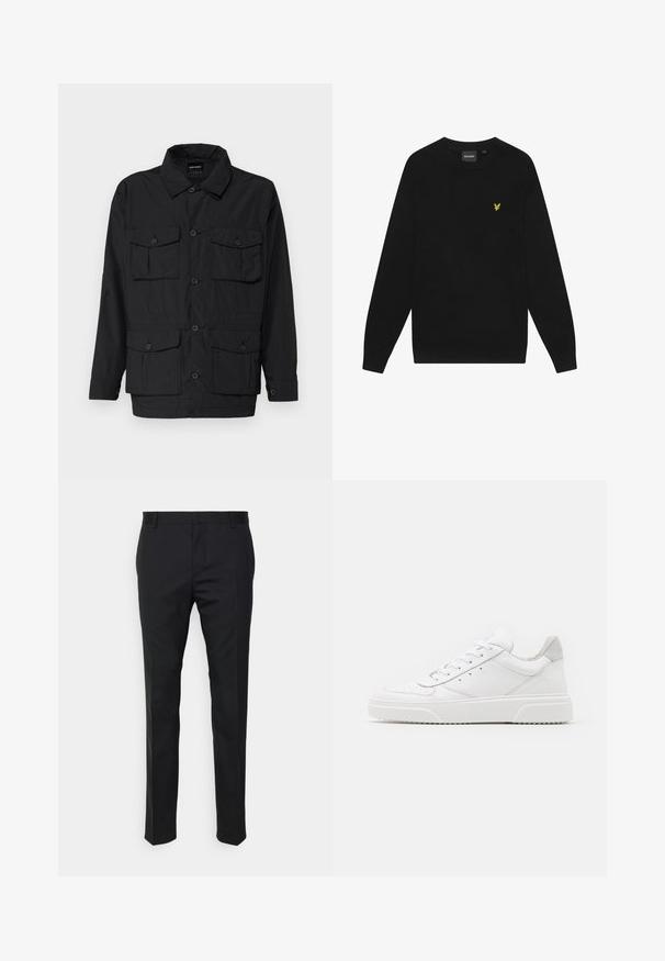 Black, lightweight jacket with a button front, two chest pockets, and two lower flap pockets. Features a collared neck and long sleeves.; Black cotton sweatshirt with long sleeves and a round neck. Features a small yellow eagle logo on the chest. Soft texture.; Black tailored trousers with a straight fit, made from smooth fabric. Features belt loops and crease detail along the front.; White leather sneakers with a smooth finish, rounded toe, flat laces, and a textured sole. Grey suede accent at the heel.