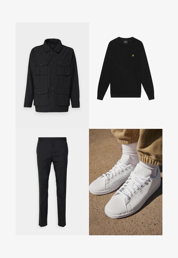 Sort, let jakke med knaplukning fortil, to brystlommer og to nederste klaplommer. Har en krave og lange ærmer.; Sort bomulds sweatshirts med lange ærmer og rund hals. Har et lille gult ørnelogo på brystet. Blød tekstur.; Sorte skræddersyede bukser med lige pasform, fremstillet af glat stof. Har bæltestropper og foldedetalje foran.; Hvide lædersneakers med en glat overflade, der har et klassisk snørebånddesign, perforeringer for åndbarhed og en tekstureret gummisål.