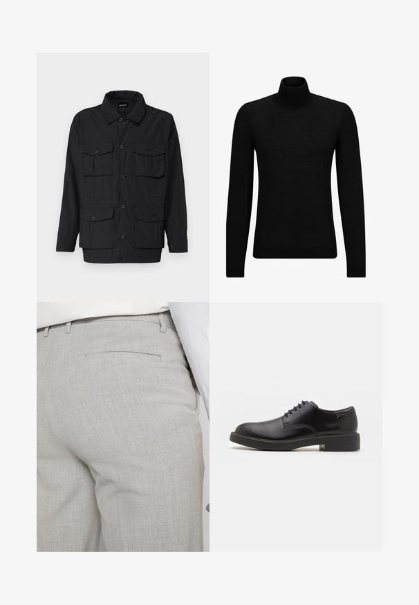 Crna, lagana jakna s dugmadi sprijeda, dvije džepne džepove na prsima i dva donja flapa džepa. Ima ovratnik iduge rukave.; Crni dukserica s visokim ovratnikom, napravljena od mekanog materijala, s dugim rukavima i priljubljenim krojem. Rebrasti detalji na donjem rubu i rukavima. Jednostavan dizajn.; Svijetlosive krojene hlače od teksturiranog materijala, s jednim stražnjim džepom i čistim šavovima.; Crne kožne cipele s vezanjem i zaobljenim vrhom, glatke teksture, minimalnim šavovima i niskim gumiranim potplatom. Logo se nalazi na peti.