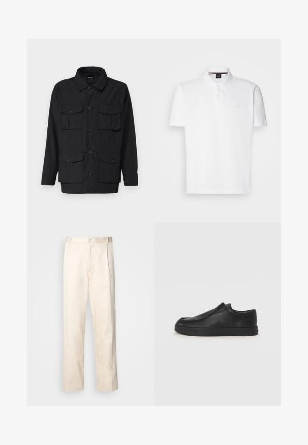Svart, lett jakke med knappfront, to brystlommer og to nedre klafflommer. Har krage og lange ermer.; Hvit polo skjorte laget av en bomulls-polyester blanding, med krage, to-knapps knappestolpe og en diskré brodert logo på brystet.; Beige bomullsbukser med rett benfatt, med knappelukking og folder foran for ekstra detaljer.; Sorte skinnsko uten snøring med rund tå, sydd detaljer og svart gummisåle. Glatt tekstur med minimalistisk design.