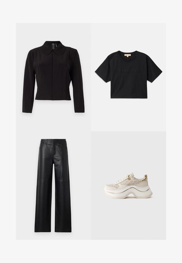 Juodas pritaikytas švarkas su apvaliu coloriu, ilgomis rankovėmis, užtrauktuku priekyje ir siūlių detalėmis šonuose. Lygi medžiagos tekstūra.; Juoda trumpa medvilninė marškinėliai. Suapvalintas iškirpimas ir trumpomis rankovėmis. "MICHAEL KORS" išsiuvinėta atitinkamos spalvos priekyje.; Plačios kelnės iš juodos odos su lygiu paviršiumi, turinčios priekinės kišenes, mygtuko užsegimą ir subtilius siuvinėjimo akcentus.; Bežiniai ir auksiniai platforminiai sportbačiai su "MK" raštu, su raišteliais, auksine pakabuke ir storu banguotu padu, prieš paprastą foną.