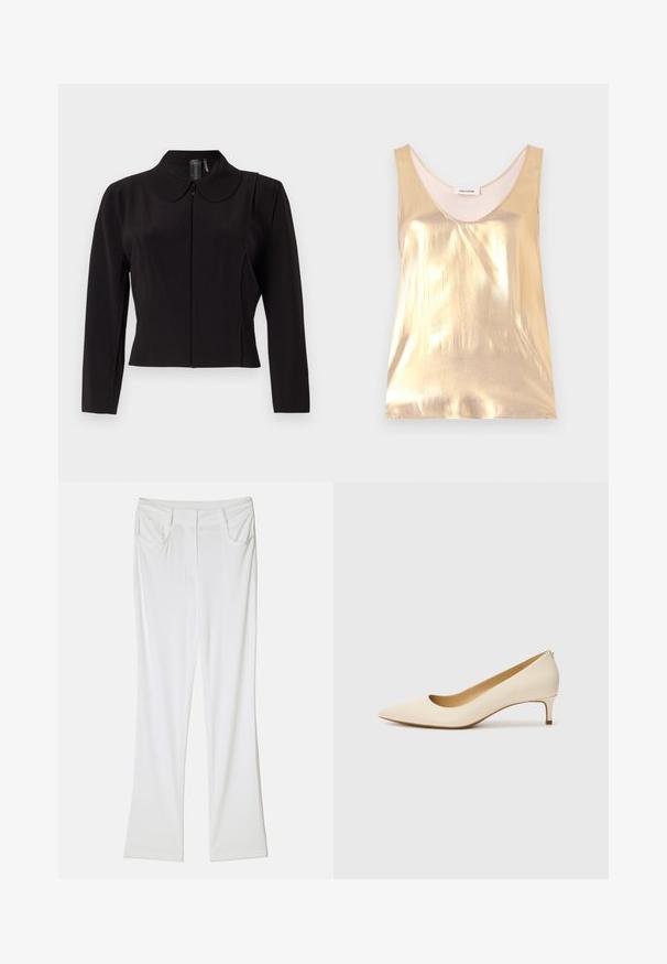 Czarna dopasowana marynarka z okrągłym kołnierzem, długimi rękawami, z zamkiem błyskawicznym z przodu oraz detalami szwów po bokach. Gładka faktura materiału.; Metaliczna złota bluzka bez rękawów z głębokim dekoltem w serek. Gładka tekstura, dopasowany krój i miękka podszewka.; Białe spodnie w kształcie dzwonów o gładkiej fakturze materiału, z dwoma przednimi kieszeniami i przeszywaną talią, zapewniającą dopasowany wygląd.; Beżowe szpilki o spiczastym nosku wykonane z gładkiego materiału syntetycznego, z niskim obcasem i wsuwanym fasonem z subtelnym tylnym detalem.