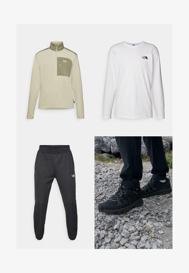 Chaqueta de forro polar en beige claro con un panel en verde en el hombro y un bolsillo en el pecho. Presenta un collar alto y un bolsillo con cremallera para un almacenamiento seguro.; Camiseta de manga larga blanca de algodón con cuello redondo. Presenta un pequeño logotipo negro en el pecho. Textura suave, corte regular.; Pantalones deportivos negros con cintura ajustable mediante cordón, corte tapered, puños elásticos y un pequeño logo blanco en el muslo izquierdo, fabricados en tejido suave.; Zapatos exteriores negros con malla y material sintético, que presentan un upper texturizado, un sistema de cordones seguro y una suela robusta, sobre terreno rocoso.