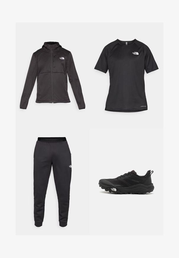 The North Face M QUEST HOODED SOFTSHELL - Soft shell jacket - black; Black short-sleeve athletic shirt with a textured fabric, featuring a white logo on the left chest and a straight hem.; Black sweatpants made of smooth fabric, featuring a tapered design, elastic waistband, and logo detail on the right leg.; Black trail running shoe with a textured upper, rubber sole, and reinforced toe cap. Features a padded collar and pull tab for easy wear.