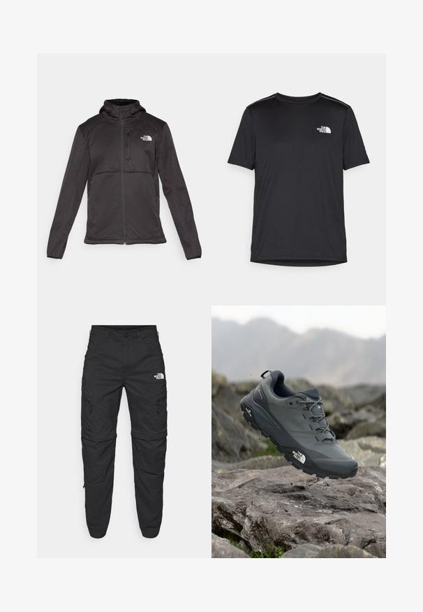 The North Face M QUEST HOODED SOFTSHELL - Soft shell jacket - black; Black short-sleeve T-shirt made from lightweight fabric. Features a small white logo on the left chest and subtle shoulder accents.; The North Face EXPLORATION TAPERED CONVERTIBLE - Outdoor trousers - black; Grey trail running shoe with a textured upper, durable rubber sole, and reinforced toe cap. Features laces and brand logo on the side.