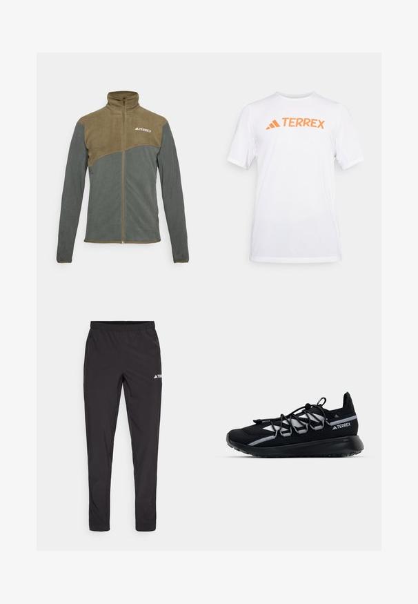 Fleecová bunda s vysokým límcem, která má dvoubarevný design v olivově zelené a tmavě šedé. Zapínání na zip a logo na levé horní straně.; Bílý sportovní tričko s krátkým rukávem vyrobené z prodyšného materiálu, s oranžovým logem "TERREX" přes hruď. Jednoduchý design s čistými liniemi.; Černé sportovní kalhoty s elastickým pasem, dvěma bočními zipovými kapsami a logem na horní pravé noze. Hladká, lehká tkanina.; Černá sportovní bota s síťovinovým svrškem, reflexními akcenty, elastickými tkaničkami a texturovanou gumovou podrážkou. Disponuje elegantním designem pro výkonnost.