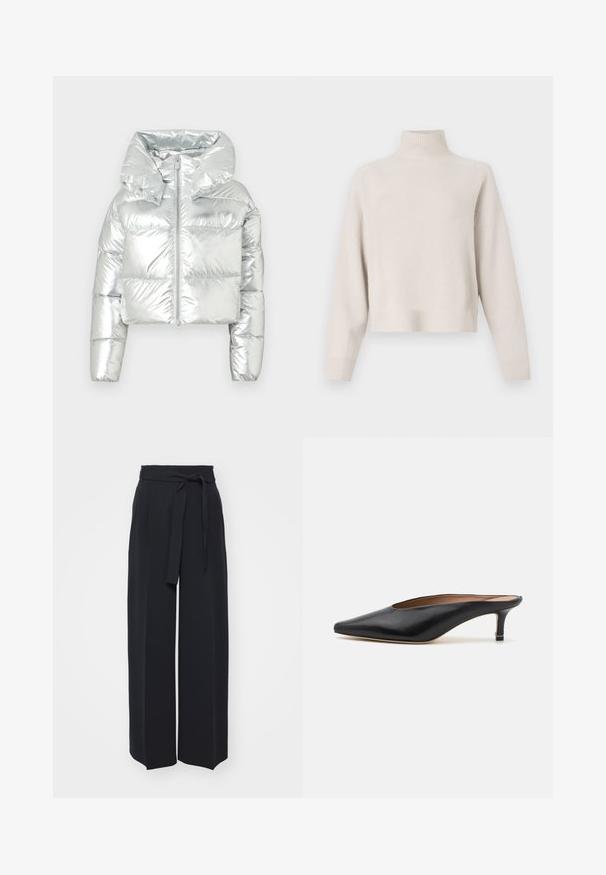 Zilveren metallic pufferjack met een cropped ontwerp, oversized capuchon, ritssluiting en geborduurde textuur; heeft elastische manchetten.; Lichtbeige coltrui gemaakt van zachte stof. Kenmerkt zich door een relaxte pasvorm, ribbelboorden en lange mouwen. Minimalistisch ontwerp.; Zwarte wijde broek van zachte stof. Voorzien van een ceintuur en plooien aan de voorkant. Glad textuur met een strakke, hedendaagse stijl.; Zwarte leren muiltjes met een puntige neus en een lage, blokhak. Glad oppervlak met een gestroomlijnd ontwerp. Open achterkant met minimale details.