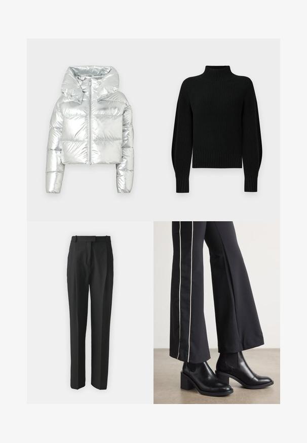 Srebrna metalna puffa jakna s skrajšano obliko, prevelikim kapuco, zadrgo in prešito teksturo; ima elastične manžete.; Črn pleten pulover z visokim ovratnikom, rebrasto teksturo in raglan rukavi. Telo je nekoliko skrajšano z debelim rebrastim robom.; Črne krojene hlače iz lahkotnega materiala, z ravnim krojem, gladkim sprednjim delom in zankami za pas. Gladka tekstura brez vidnih vzorcev.; Črne usnjene gležnjarje s blok peto, z elastičnimi stranskimi paneli. Kombinirane s črnimi hlačami, ki imajo bele stranske črte.
