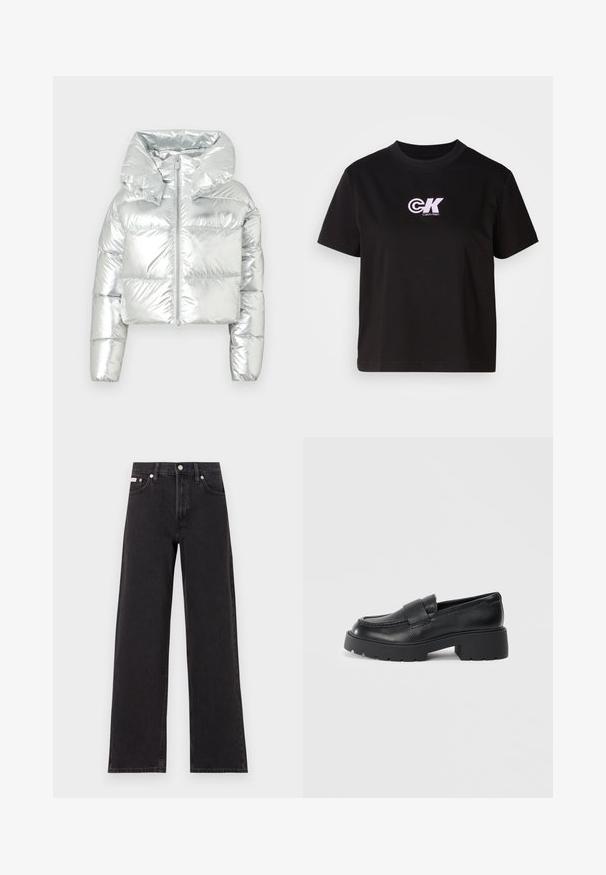 Zilveren metallic pufferjack met een cropped ontwerp, oversized capuchon, ritssluiting en geborduurde textuur; heeft elastische manchetten.; Zwarte katoen t-shirt met een ronde halslijn en korte mouwen. Heeft een wit en roze "CK" logo op de bovenste linkerborst.; Zwarte wijde spijkerbroeken van denim, met een hoge taille, vijf-pocket stijl en een metalen knoopsluiting met contrasterende stiksels.; Zwarte leren instappers met een gestructureerde afwerking, voorzien van een rechthoekige band over de voorkant en een robuuste, gegroefde zool.