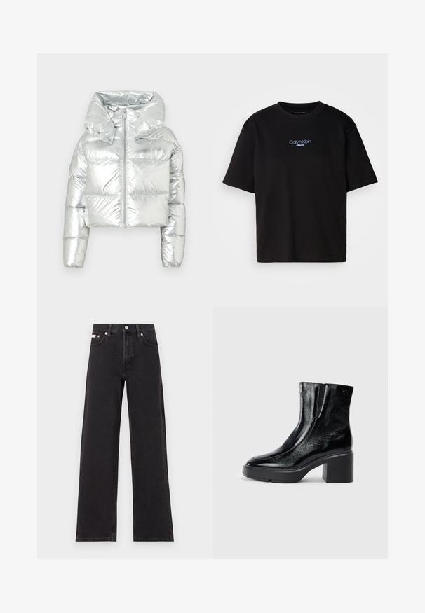 Doudoune métallique argentée avec un design court, une capuche oversized, une fermeture à zip et une texture matelassée ; elle dispose de poignets élastiques.; T-shirt en coton noir avec un col rond, des manches courtes et un logo brodé bleu "Calvin Klein JEANS" sur le devant.; Jeans noirs à jambes larges en denim, avec une taille haute, une coupe à cinq poches et une fermeture à bouton en métal avec des coutures contrastantes.; Bottines en cuir verni noir avec un bout arrondi, des panneaux latéraux en élastique et un talon épais. Comprend un logo embossé à l'arrière.