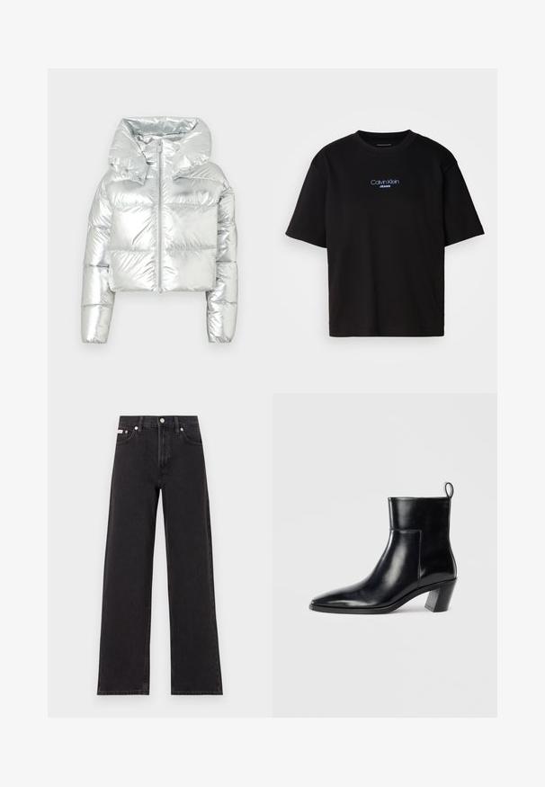 Doudoune métallique argentée avec un design court, une capuche oversized, une fermeture à zip et une texture matelassée ; elle dispose de poignets élastiques.; T-shirt en coton noir avec un col rond, des manches courtes et un logo brodé bleu "Calvin Klein JEANS" sur le devant.; Jeans noirs à jambes larges en denim, avec une taille haute, une coupe à cinq poches et une fermeture à bouton en métal avec des coutures contrastantes.; Bottine en cuir noir avec un bout pointu, un talon empilé géométrique et une languette à l'arrière. Texture lisse et design épuré.