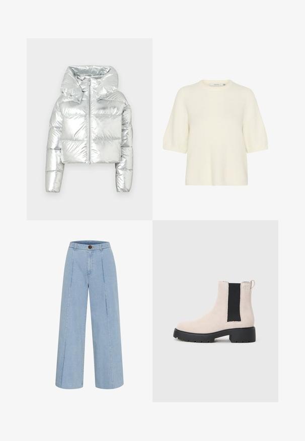 Silver metallic puffer jacket with a cropped design, oversized hood, zip closure, and quilted texture; features elasticated cuffs.; Short-sleeve, crew-neck sweater made of soft, fluffy material in off-white. Features a relaxed fit with ribbed cuffs and hem.; Light blue wide-leg jeans made from denim, featuring a button closure and two front seams running vertically.; Beige suede Chelsea boot with black elastic side panel, chunky black sole, and pull tab at ankle.