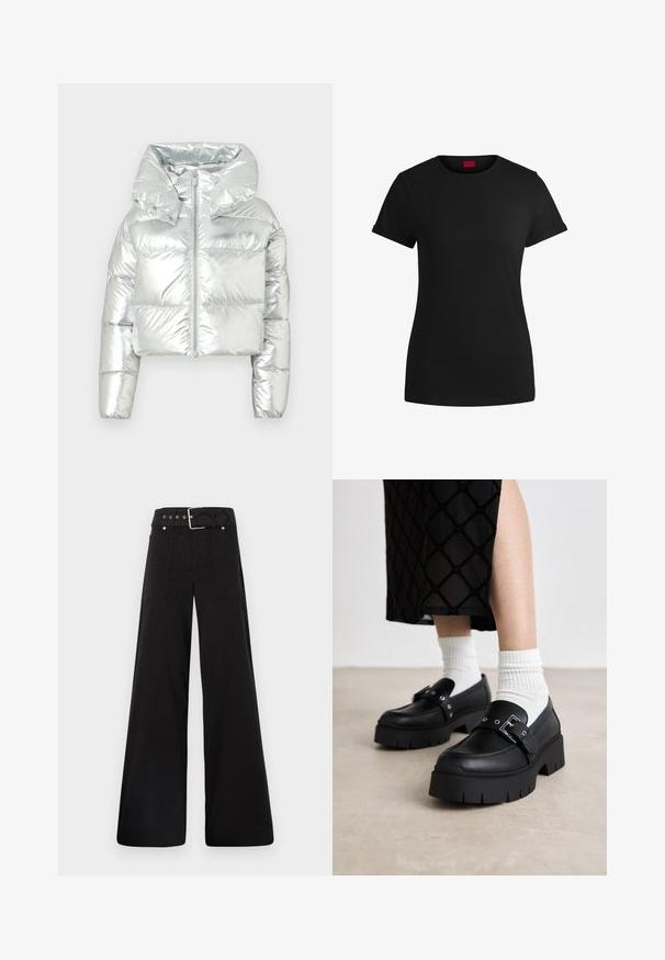 Zilveren metallic pufferjack met een cropped ontwerp, oversized capuchon, ritssluiting en geborduurde textuur; heeft elastische manchetten.; Zwart katoenen T-shirt met korte opgerolde mouwen, een ronde halslijn en een rood label. Glad textuur, aansluitende pasvorm met minimale details.; Zwarte wijde broek van katoen, met een hoge taille, grote zijzakken en een ceintuur met zilverkleurige accenten.; Zwarte platform loafers met een gladde leren afwerking, voorzien van een gespsluiting en studs, gecombineerd met witte geribde sokken.