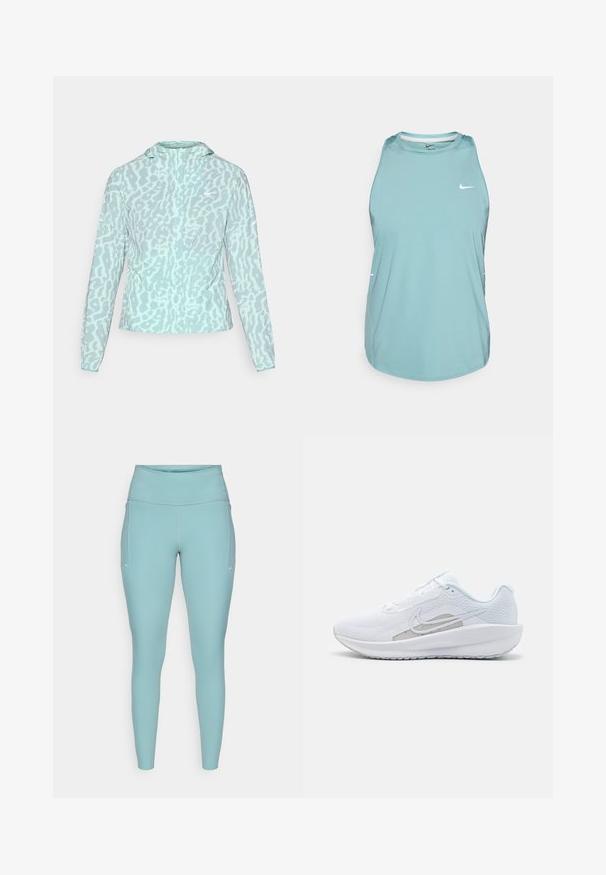 Světle modrá bunda s leopardím vzorem, s kapucí a dlouhými rukávy, vyrobená z hladké, lehké látky.; Svetle modré bezramínkové sportovní tričko vyrobené z hladkého, syntetického materiálu. Má kulatý výstřih a malé bílé logo na přední straně.; Světle modré legíny vyrobené z elastického materiálu, s vysokým pasem, bezšvovým designem a minimálními bílými akcenty po stranách.; Bílé sportovní boty s síťovaným vrškem, zaoblenou špičkou a texturovanou podrážkou. Mají stříbrný logo Nike a minimalistický design.