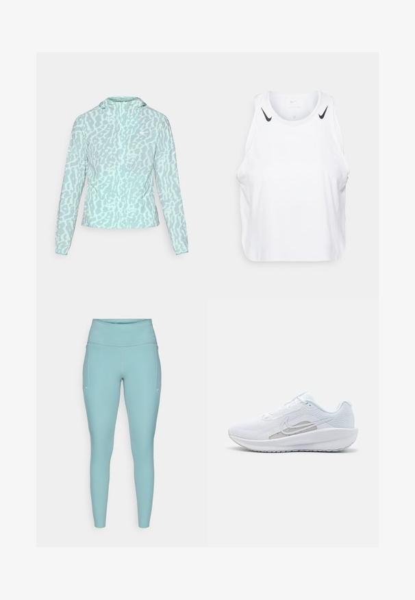 Light blue jacket with a leopard print pattern, featuring a hood and long sleeves, made from a smooth, lightweight fabric.; White sleeveless tank top made of lightweight fabric, featuring black Nike logo accents on shoulders, round neckline, and relaxed fit.; Light blue leggings made of stretchable material, featuring a high waistband, seamless design, and minimal white accents on the sides.; White athletic shoe with mesh upper, rounded toe, and textured sole. Features a silver Nike swoosh and minimalistic design.