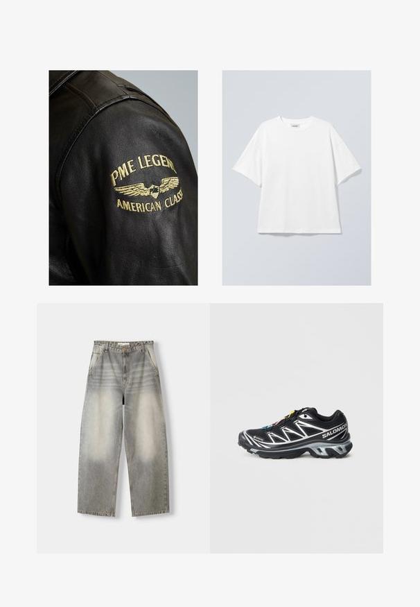PME Legend GREENVILLE - Leren jas - black; Witte katoenen T-shirt met een ronde halslijn en korte mouwen. Ontspannen pasvorm zonder zichtbare patronen of accenten. Soepele textuur.; Brede jeans in een lichtgrijze wassing. Bevat een vervaagde afwerking, vijf zakken en een knoopsluiting. Materiaal is zachte denim.; Zwart hardloopschoen met zilveren accenten, GORE-TEX materiaal, gestructureerde zool en kleurrijke veters. Voorzien van een gevoerde hak voor ondersteuning.