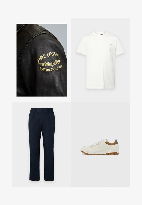 PME Legend GREENVILLE czarny; Biała bawełniana koszulka z krótkim rękawem, w serek, z małym haftowanym logo po lewej stronie na klatce piersiowej. Gładka tekstura i regularny krój.; Chinos w kolorze granatowym z elastycznym paskiem w talii, z zapięciem na guzik z przodu oraz prostą nogawką. Gładka tekstura bez widocznych wzorów.; Tommy Hilfiger - Sneakersy niskie