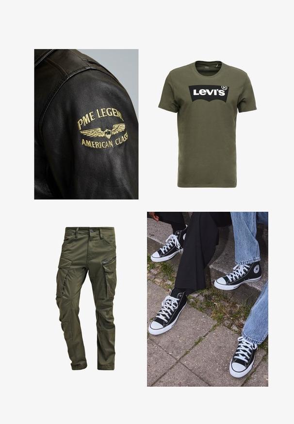 PME Legend GREENVILLE - Leren jas - black; Olijfgroen katoenen T-shirt met een groot zwart Levi's-logo op de voorkant. Klassieke ronde hals en korte mouwen, gladde textuur.; Olijfgroene cargobroek gemaakt van stevig katoen. Beschikt over meerdere zakken, een met rits afgesloten zijzak en taps toelopende pijpen met een licht getextureerde afwerking.; Zwarte canvas sneakers met hoge schacht, witte rubberen zolen en veters, met een cirkelvormig logo aan de zijkant, gecombineerd met denim en zwarte broeken.