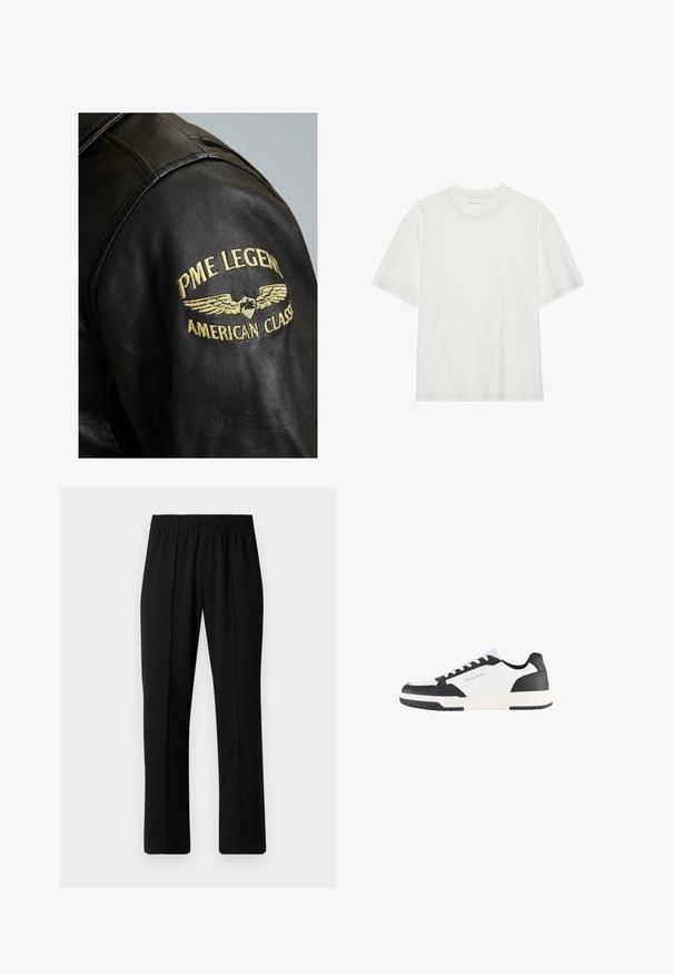 PME Legend GREENVILLE - Lederjacke - black; Weißes Baumwoll-T-Shirt mit kurzen Ärmeln, rundem Ausschnitt und kontrastierenden Nähten entlang des Ausschnitts und der Ärmel.; Schwarze, Gummibund-Hosen mit geradem Schnitt, die eine glatte Textur aufweisen und keine sichtbaren Muster oder Beschläge haben.; Weiße und schwarze Sneakers mit einem glatten Lederoberteil, kontrastierenden Akzenten, einer strukturierten Gummisohle und einem Markenetikett an der Seite.