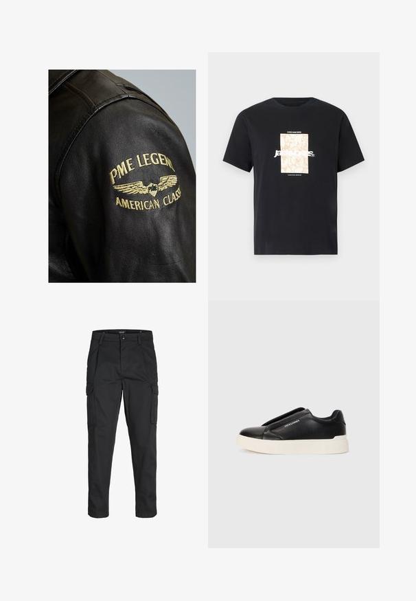 PME Legend GREENVILLE - Kožená bunda - black; Čierne bavlnené tričko s okrúhlym výstrihom. Na prednej strane sa nachádza béžová obdĺžniková grafika s bielym textom "JAWO," ktorý je umiestnený na stred. Krátke rukávy.; Čierne cargo nohavice z odolnej látky, s viacerými vreckami, gombíkovým zapínaním a úzkym strihom so zúženými nohavicami.; Čierne tenisky na gumenú podrážku so štruktúrovaným koženým vrchom, biela gumová podrážka a žiadne viditeľné šnúrky. Na boku sa nachádza logo značky.