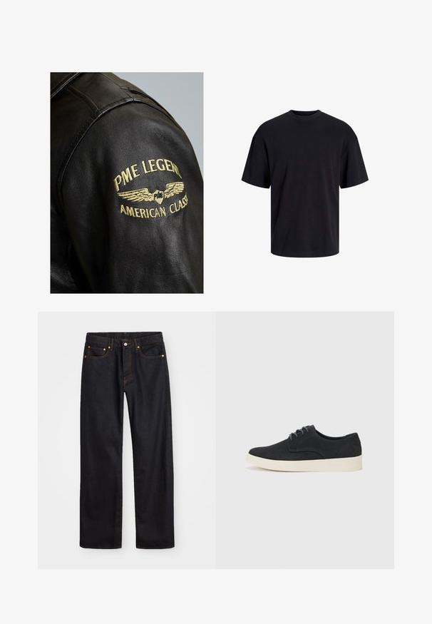 PME Legend GREENVILLE - Kožená bunda - black; Černé bavlněné tričko s kulatým výstřihem, krátkými rukávy a volným střihem. Hladká textura a žádné viditelné vzory ani akcenty.; Pánské černé džíny rovného střihu s pěti kapsami a oranžovým prošíváním, s knoflíkem a zipem na předním pásku.; Černé semišové šněrovací boty s kulatou špičkou, lehkou krémovou podrážkou a jemným modrým prošíváním na svršku.