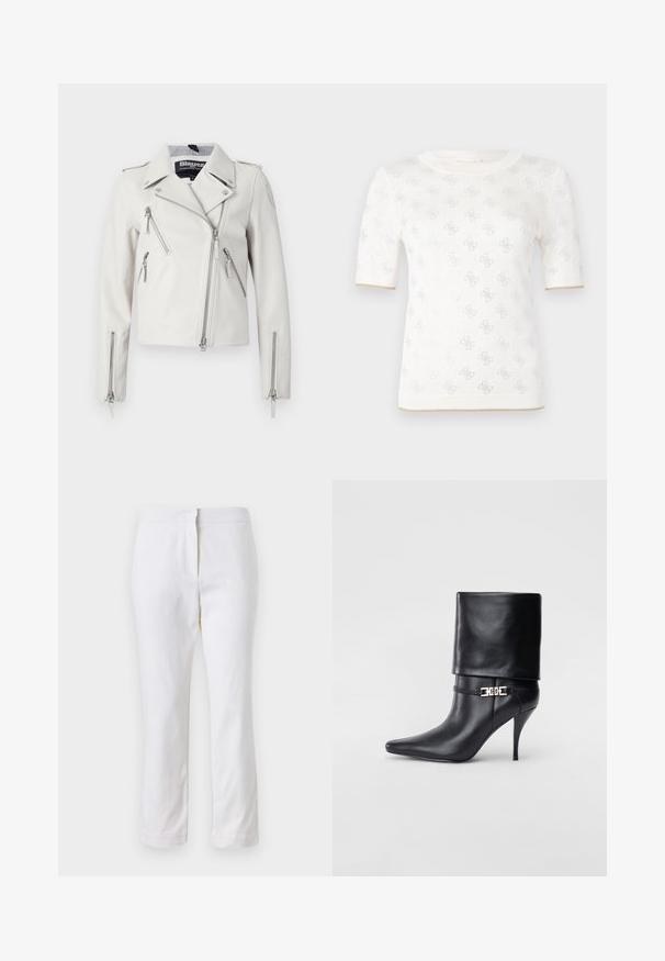 Weiße Lederbikerjacke mit Reißverschlusstaschen, einem Reverskragen und silbernen Hardware-Akzenten. Verfügt über einen asymmetrischen Reißverschluss vorne.; Gestricktes weißes Kurzarmoberteil mit subtilen Mustern, das über einen runden Ausschnitt und einen goldenen Akzent am Saum verfügt. Die Textur wirkt leicht und atmungsaktiv.; Weiße Baumwollhose mit geradem Bein, mittelhoher Taille und ohne sichtbare Beschläge oder Muster. Glatte Textur auf der gesamten Fläche.; Schwarze Leder-Ankle-Boots mit spitzer Zehenpartie, hohen Stiletto-Absätzen, umgeschlagenem Schaft und einem goldenen dekorativen Schnallen-Detail an der Knöchel.