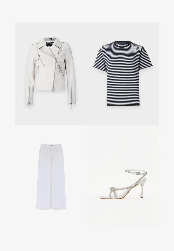 Valkoinen nahkainen moottoripyöräyntakki, jossa on vetoketjulliset taskut, lovellinen kaulus ja hopeanväriset yksityiskohdat. Sisältää epäsymmetrisen etuvetoketjun.; Raidallinen t-paita, jossa mustavalkoisia vaakasuoria raitoja, pyöreä kaula-aukko ja lyhyet hihat. Valmistettu pehmeästä ja kevyestä kankaasta.; Valkoiset leveälahkeiset housut, joissa on sileä pinta, kahdella etutaskulla ja nappisuljennalla, suunniteltu rentoa istuvuutta varten.; Valkoiset korkokenkäsandaalit, joissa on teksturoitu hihna, joka on koristeltu timanteilla, avonainen varvasmuotoilu ja säädettävällä soljella varustettu nilkkahihna.