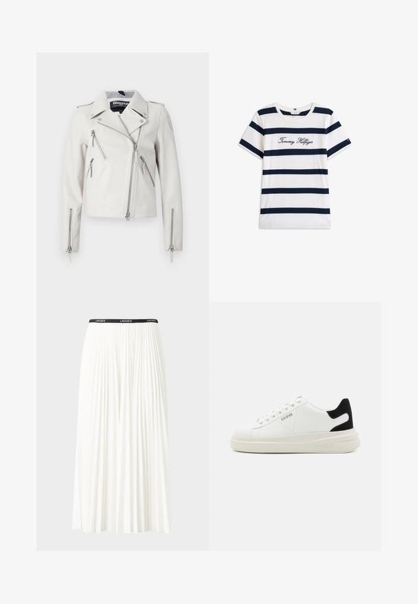 Valge nahkne mootorratturi jakk lukustatavate taskutega, kraega, millel on nurgad, ja hõbedased aksessuaarid. Omab asümmeetrilist esist lukku.; Puuvillane T-särk horisontaalsete tumesiniste triipudega valgel taustal. Rinnal on kiri "Tommy Hilfiger" kantud kursiivis. Ümmargune kaelus.; Kurtitudega valge seelik musta elastse vööga, millel on "LACOSTE" logo. Keskmise pikkusega disain pehme tekstuuriga.; Valged nahast tennisetossud paksu valge tallaga, musta sametist kontsakeeuga ja külje peal riigilogo reljeefne kujundus. Lukkeskeem kuue silmaauguga.