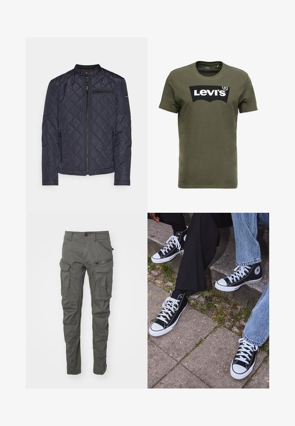 Námořnická prošívaná bunda s stojatým límcem, zipovým uzávěrem a bočními kapsami. Obsahuje šikmé prošívání a logo na rukávu.; Olive zelené bavlnené tričko s veľkým čiernym logom Levi's na prednej strane. Klasický kruhový výstrih a krátke rukávy, hladká textúra.; Šedé cargo nohavice vyrobené z odolnej textílie, s viacerými vreckami, zipsovými akcentmi, zapínaním na gombík a zúženým strihom nohavíc.; Čierne vysoké plátenné tenisky s bielymi gumovými podrážkami a šnúrkami, s okrúhlym logom na boku, skombinované s džínsami a čiernymi nohavicami.