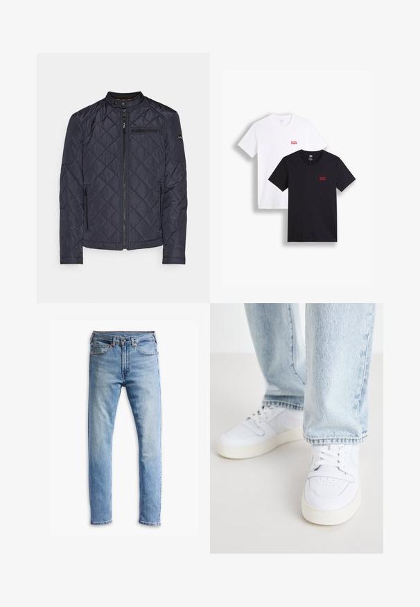 Jachetă matlasată de marine cu guler înalt, fermoar frontal și buzunare laterale. Prezintă cusături diagonale și un logo pe mânecă.; Două tricouri cu mânecă scurtă: unul alb și unul negru. Ambele sunt din bumbac cu un logo roșu Levi's pe piept. Design simplu cu guler rotund.; Blugi din denim de un albastru deschis, cu un design cu croială dreaptă, cinci buzunare, închidere cu nasture și o decolorare subtilă pe material.; Sneakers albe din piele, cu partea superioară joasă, vârful perforat, șireturi plate și un design minimalist. Combinat cu blugi din denim albastru deschis.